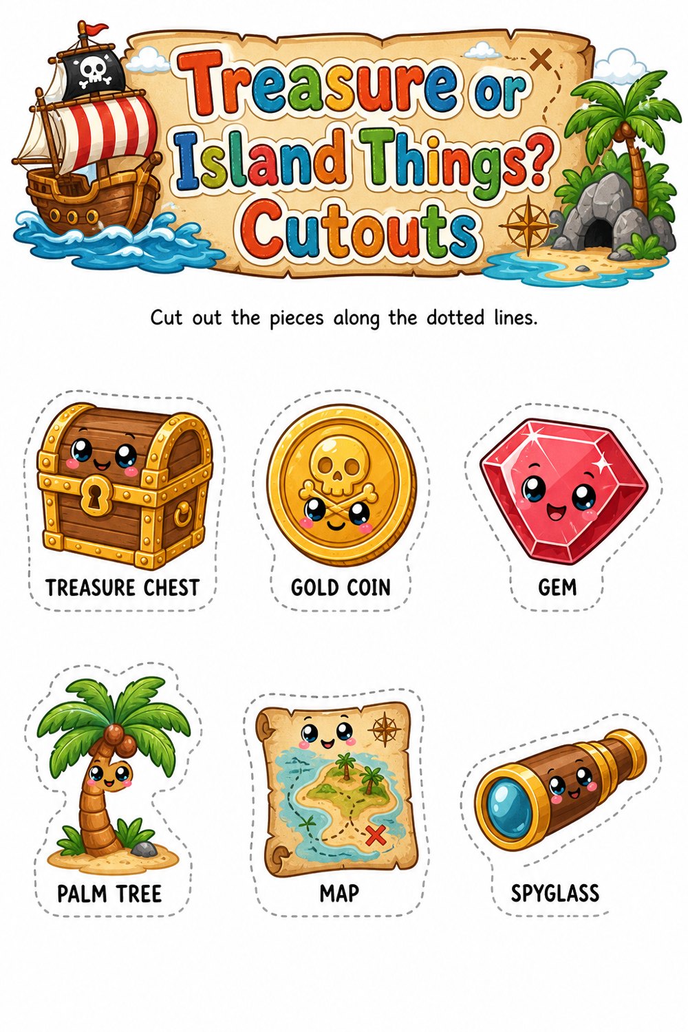 Cut-out sheet of pirate pieces from a personalised Cut and Play book